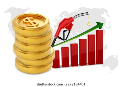 Stack of golden coins with dollar sign, fuel pump and graph of rising oil prices. EPS10 vector