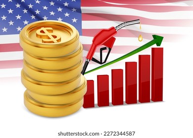 Stack of golden coins with dollar sign, fuel pump and graph of rising oil prices. EPS10 vector