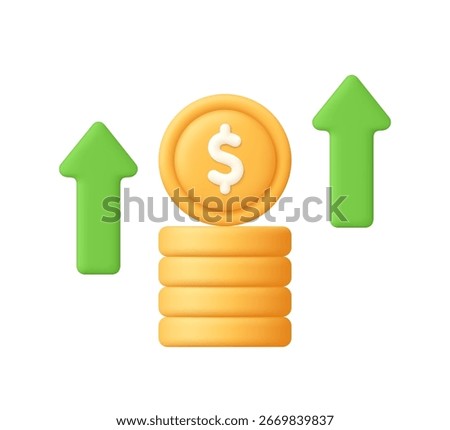 Stack of golden coins with a dollar symbol and two green upward arrows. Financial growth, income increase, investment returns, profit rise, economics, business. 3d vector icon. Cartoon minimal style.