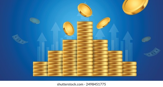 stack of golden coins with flying currency symbols, representing financial growth and investment. The background features upward arrows, emphasizing economic success and wealth accumulation. 