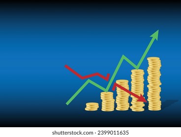 Stack of golden coins with graph chart pattren, growth up, Golden cross, Cypto currency. Business earnings profit marketing. Vector illustrator.