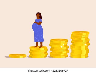 Stack of golden coins like income graph and pregnant woman. Reduction of benefits for pregnant women. Family budget concept. Economic crisis. Lack of money. Unemployment. Vector illustration