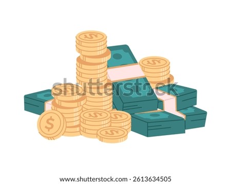Stack of golden coins and money. Dollar pile, green banknotes and coins. Flat vector illustration isolated on white background
