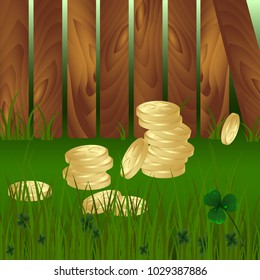 Stack of golden coins on green grass and clovers leaves and wooden garden fence background. St. Patrick's day, Money gold, Saint, Patrick, holiday, nature, luck, flower, leaf.