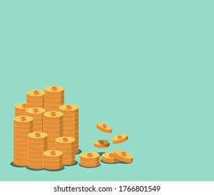 stack of golden coins on green background 