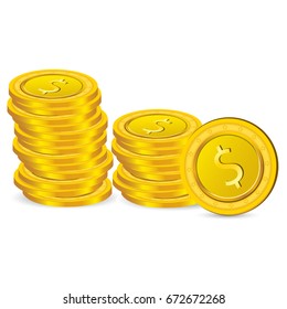 Stack of golden coins on isolated white background. Vector illustration.