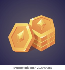 Pila de monedas de oro con grabado de rhombus para el diseño de juegos. Moneda en juego. Pase recompensa. Plantilla para aplicaciones móviles, cliente y navegador. Objeto vectorial vectorial volumétrico colorido para estilización.