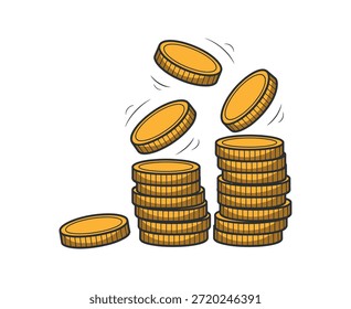 Uma pilha de moedas de ouro com várias moedas caindo e girando no ar
