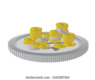 Stack of Golden coins and silver coins. Lots money, finance business profits. Dollar stack cash or banking currency investment heap isolated vector illustration