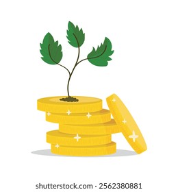 Stack of golden coins with a sprouting plant on top, symbolizing financial growth, investment, sustainability, and eco-friendly business concepts.