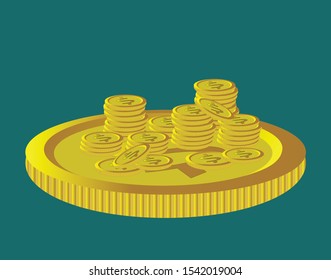 Stack of Golden coins stacks. Lots money, finance business profits and wealth gold coin pile. Dollar stack cash or banking currency investment heap isolated vector illustration