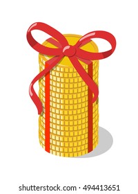 Stack of golden coins tied with a red ribbon  with bow. Financial gift, bonus, present or prize. Isometric vector illustration