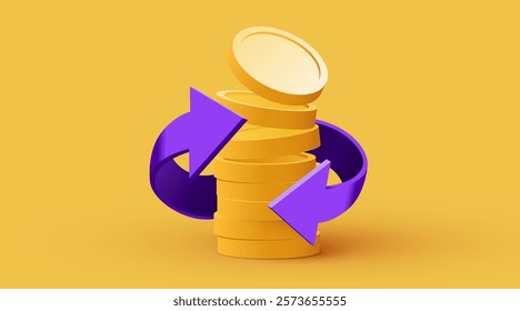 Stack of golden dollar coins with arrows. Cashback or profit concept. Vector illustration