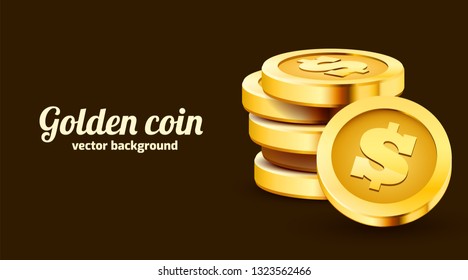 Stack of golden dollar coins isolated on dark background. Vector illustration