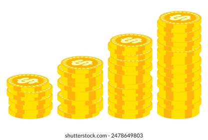 Stack of golden dollar coins on white background, isometric 