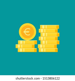 Stack of golden euro coins. Flat gold icon. Isolated on blue. Economy, finance, money pictogram. Wealth symbol.  Vector illustration.