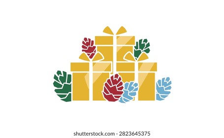 Stack of golden gift boxes decorated with colorful pine cones for festive holiday season, winter celebrations, and luxury gifting concepts.