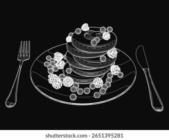 Uma pilha de panquecas douradas senta-se em uma placa branca com um garfo e faca ao lado dele, pronto para comer. O plano de fundo preto destaca os tons quentes e a textura das camadas fofas.