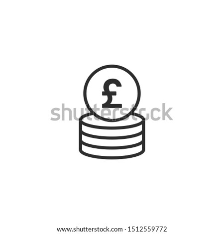 Stack of golden pound sterling coins with coin in front of it. Flat black  line icon. Isolated on white. Economy, finance, money pictogram. Wealth symbol.  Vector illustration.