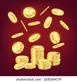 Stack of golden shiny coins or tower made of metal dollar cash with money falling on it. Wealth and rich, financial and commercial, market and bank, winning and success, economy theme