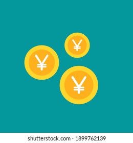 Stack of golden yen coins. Flat gold icon. Isolated on blue. Economy, finance, money pictogram. Wealth symbol.  Vector illustration.