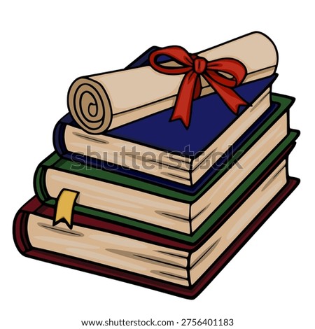 Stack of graduation books with diploma scroll and red ribbon vector illustration