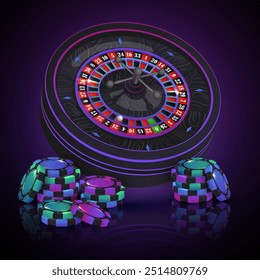 Stack of green, blue, purple poker chips, tokens with black neon casino roulette wheel on dark background with reflection. Vector illustration for casino, game design, advertising