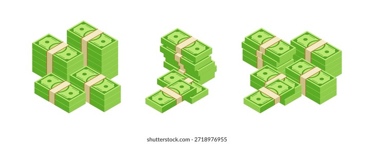 Pila de ilustración de billetes de dólar verde aislado sobre fondo blanco. Pila de dinero en efectivo que simboliza la riqueza, los ahorros, las ganancias y el éxito financiero. Ilustración vectorial.