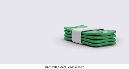 Stack of green dollar bills with a white paper band on light background. Ideal for financial services, income, salary, banking, and fintech topics. Realistic vector illustration in 3D style.