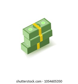 Stack of green dollar paper banknotes in packs of one hundred notes isolated on white background. Isometric money element for finance and banking theme banner or card. Vector illustration.