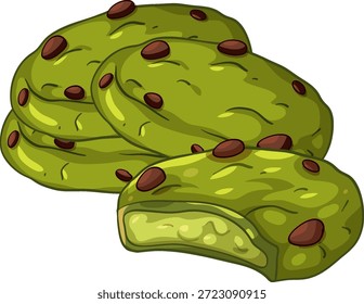Una pila de galletas matcha verdes con chispas de chocolate y una galleta mordida en blanco