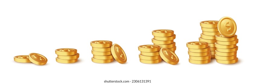 Stack of growing gold coins. Shiny golden coins in five stacks with another falling down. Finance, investment and savings. Dollar money or cash pile isolated on white background. Vector illustration