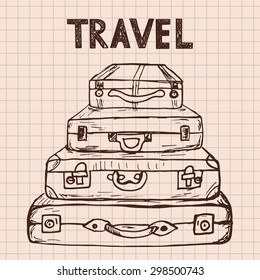 Stack of hand drawn retro suitcases. Travel template.