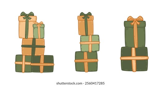 Stack of hand-drawn green and orange gift boxes with bows. Minimalist illustration perfect for nature-themed celebrations. Ideal for eco-friendly gift wrap designs or holiday decor