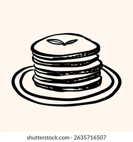 Stack of Hand-Drawn Pancakes on a Plate Outline with background cream