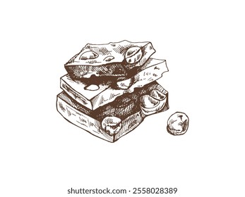 Stack of handmade chocolate pieces with nuts vintage style
