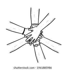 Stack of hands. Children palms. The concept of team, cooperation and friendship. Sketch cartoon illustration