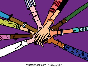 STACK OF HANDS. International Women's Day. Asexual. template for card, poster. Vector Illustration of team's hands. Team work concept. Diversity concept. No racism. LGTBI. Permaculture. Friendship