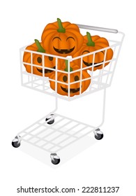 Stack of Happy Jack-o-Lantern Pumpkins in Shopping Cart, Sign For Halloween Celebration. 