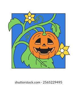 Stack of a happy pumpkin halloween with vines and yellow flower in cartoon mascot character retro illustration