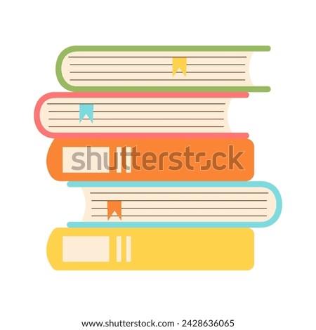Stack of hardcover books with bookmarks. Colorful thick books pile. Vector illustration isolated on white background.