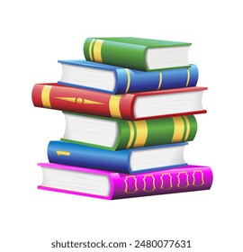 Pila de libros de tapa dura sobre fondo blanco. Ilustración 3d realista de Vector