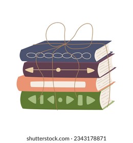 A stack of hardcover books. A pile of textbooks tied with a rope. Various books for lovers of reading, learning, education. Flat cartoon vector illustration isolated on a white background