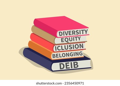 Stack of hardcover books with words Belonging, Diversity, Equity, Inclusion