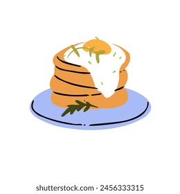 Stack of hash browns with scrambled egg. Pile of fried potato pancakes, roasted hashbrowns on plate. American breakfast meal. Delicious hotcakes. Flat isolated vector illustration on white background