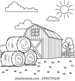 Stack of hay bales in front of a barn outline coloring page. Thanksgiving hand drawn colouring 