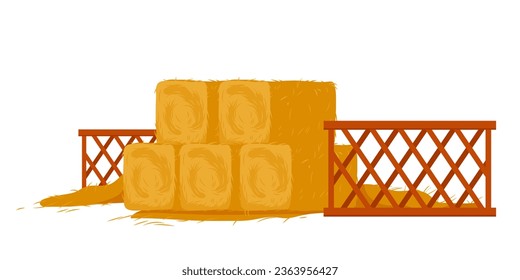 Stack of hay bales vector illustration. Cartoon isolated square straw bale in heap to feed horses and cows, gold haystack packagings and wooden fence, organic agriculture crop and grass fodder