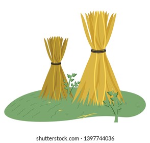 Stack of hay on grass, dried yellow plant standing outdoor, wheat harvest, nobody farmland, agriculture or farm element, haystack on grass vector