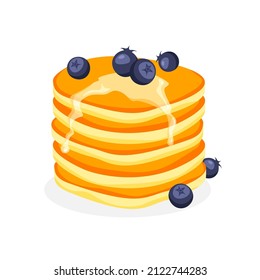 Stack or heap of tasty pancakes with blueberries and syrup. Delicious breakfast. Vector illustration isolated on white background.