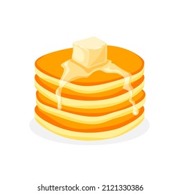 Piel o montón de crepes sabrosas con cubo de mantequilla. Desayuno delicioso. Hornear con jarabe. Ilustración vectorial aislada en fondo blanco.